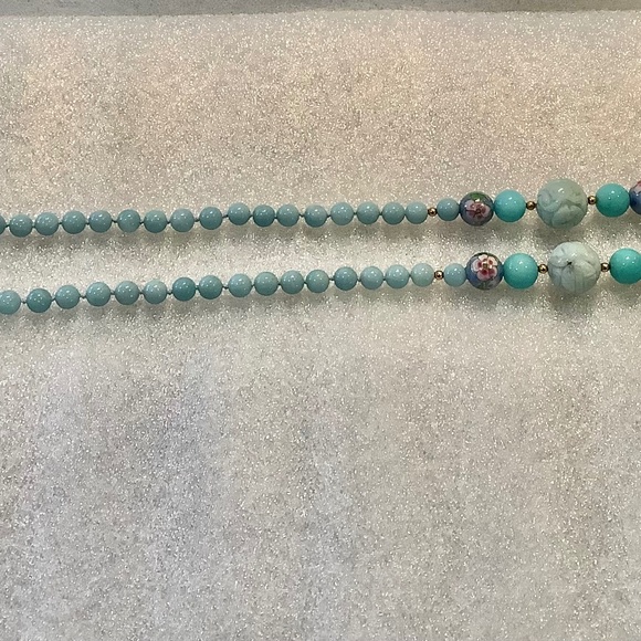 Vintage Blue Beaded Necklace With Carved and Cloisonné Style Gemstone Beads - Picture 1 of 9